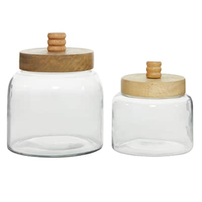 Glass Canisters with Wood Lids - Set of 2 Clear - Roche River Decor - 5"W x 5"L x 6"H