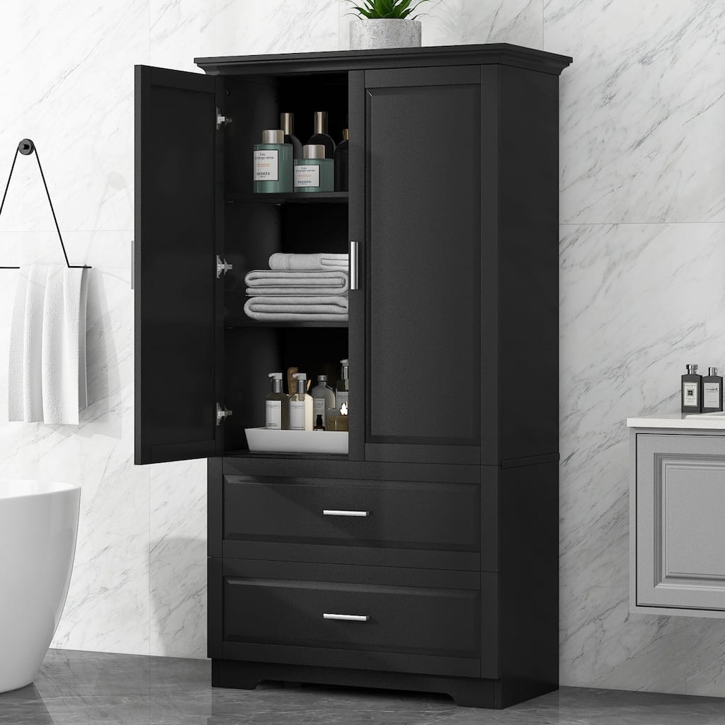 GDFStudio - Nolan Tall Bathroom Storage Cabinet with Drawers, Doors, and Adjustable Shelves