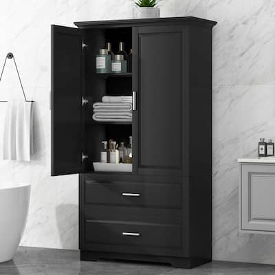 Tall Bathroom Storage Cabinet, Cabinet with Two Doors and Drawers, Adjustable Shelf