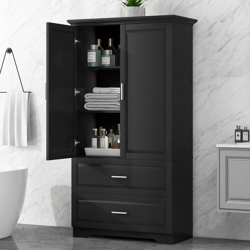 Tall Bathroom Storage Cabinet with 2 Doors, 2 Drawers & Adjustable Shelf - Black