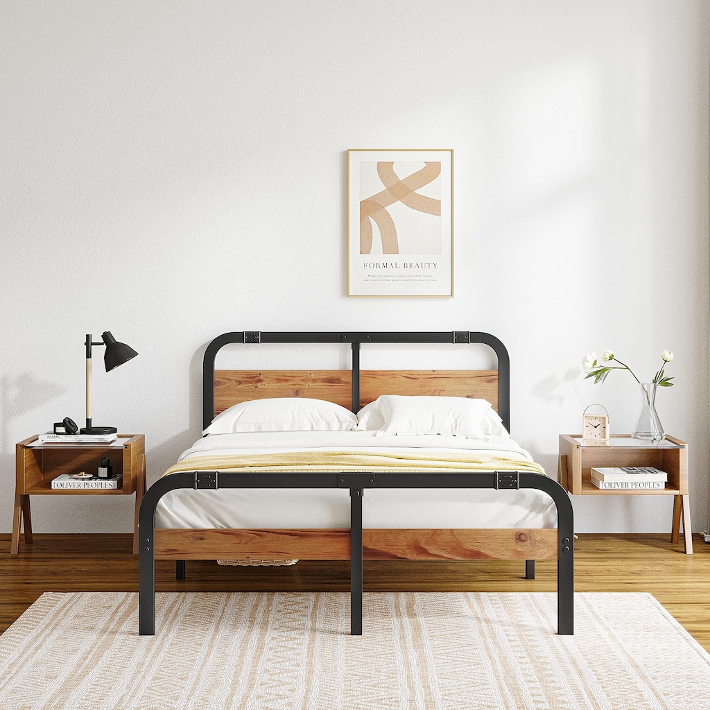 Heavy Duty Bed Frame with Wooden Headboard and Footboard, Noise-Free, Easy Assembly