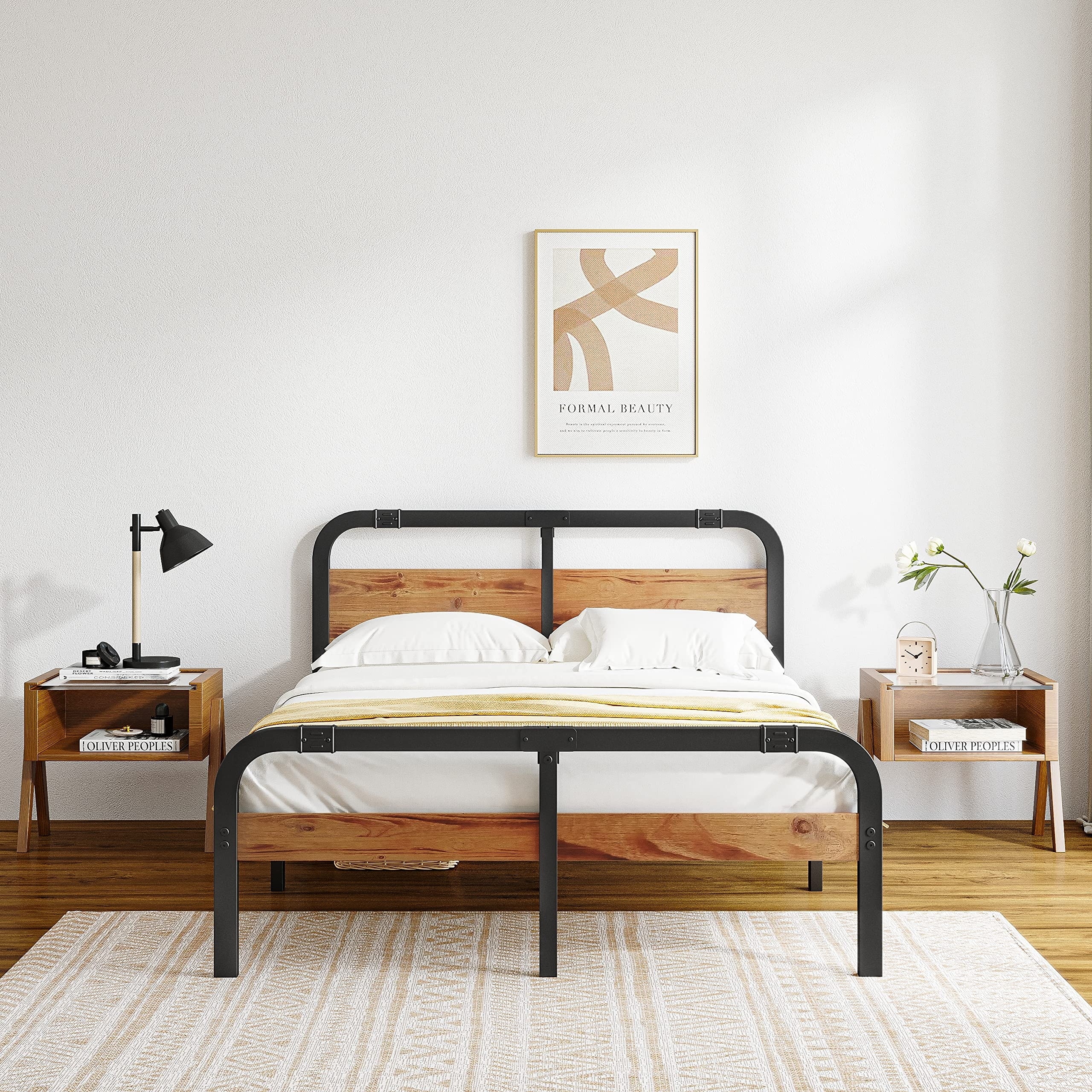 Heavy Duty Bed Frame with Wooden Headboard and Footboard, Noise-Free, Easy Assembly