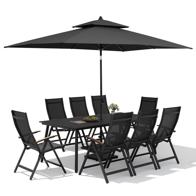 11PC Outdoor Patio Dining Set WoodLike Aluminum Umbrella Hole Table with Folding Chair,Double Top Market Umbrella and Wheel Base