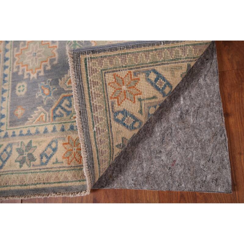 Geometric Kazak Accent Rug Hand-Knotted Grey Wool Carpet - 2'7" x 4'2"