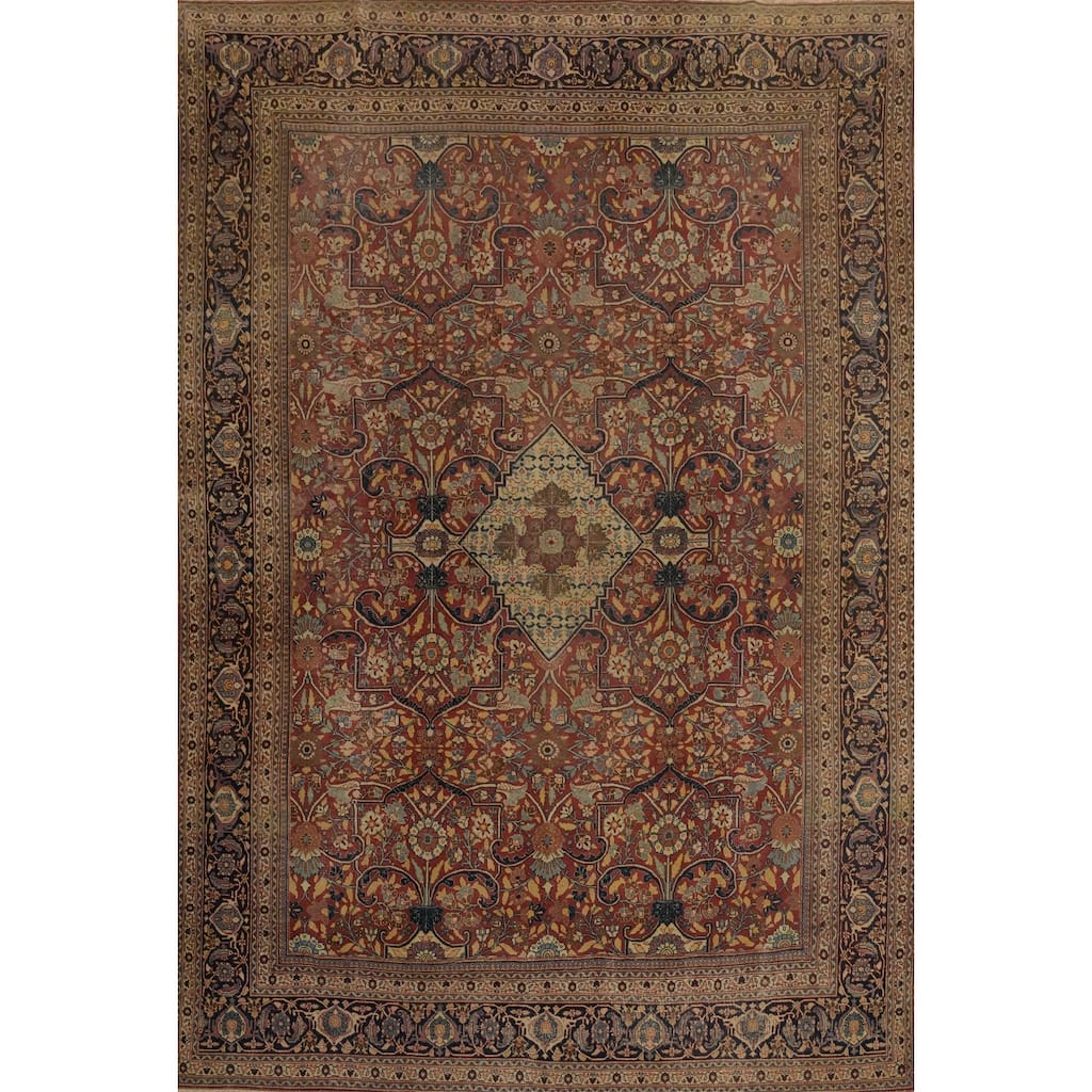 Hand Knotted Oriental 100% Wool Carpet Traditional Floral Oranges & Rust Tabriz Area Rug - 14' 6'' X 10' 11''