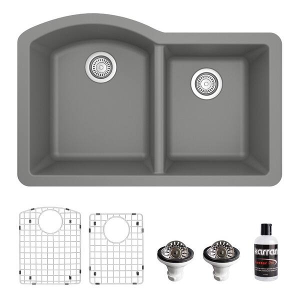 slide 31 of 66, Karran Undermount Quartz 32 in. 60/40 Double Bowl Kitchen Sink Kit Grey