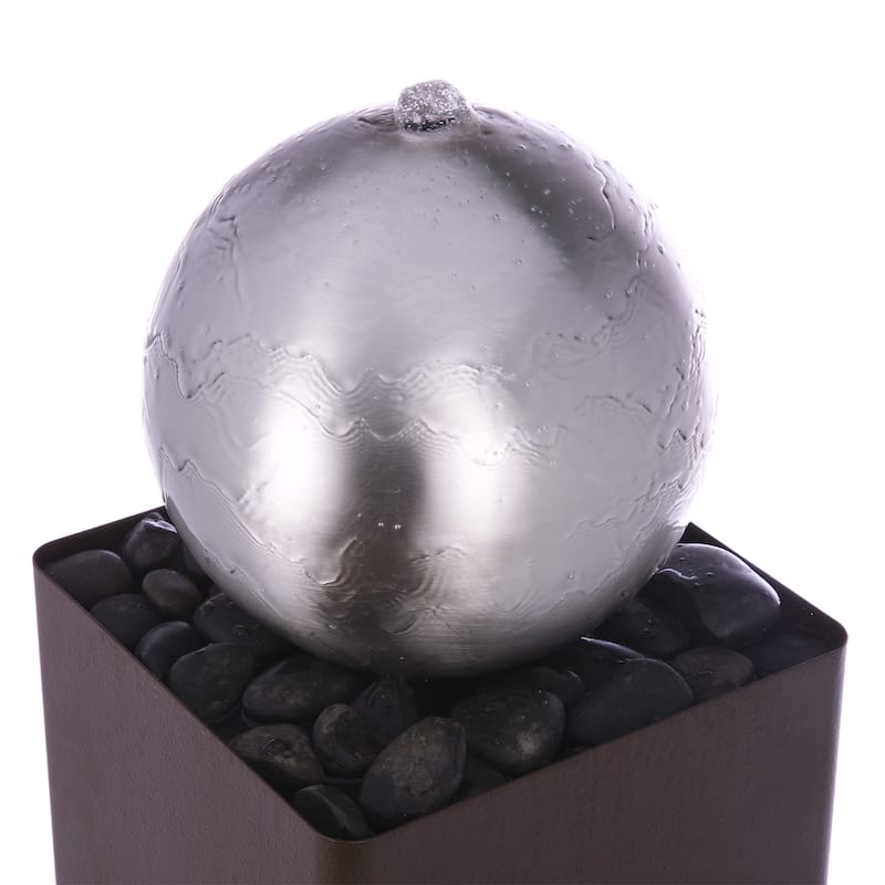 Alpine Corporation 37 Indoor/Outdoor Modern Metal Orb Water Fountain with River Rock Stones Soothing Floor Water Features