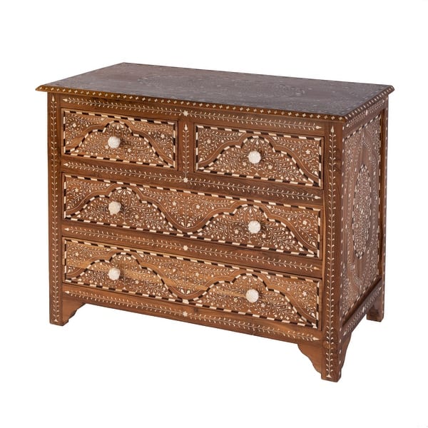 slide 2 of 7, Rashmi 40 in. W Rectangular Teak & Bone In-Lay 4 Drawer Accent Chest Medium Brown