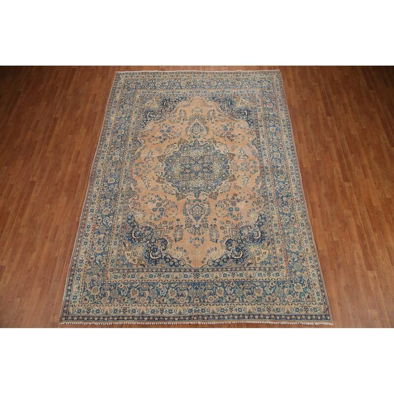 Hand Knotted Oriental 100% Wool Carpet Traditional Medallion Peach Mashad Area Rug - 11' 0'' X 7' 11''