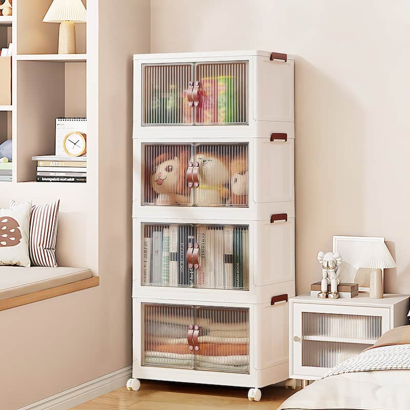 VECELO White PP Plastic Multifunctional Storage Bins with Lid 3/4/5 Tier Stackable Storage Bins with Wheels Magnetic Doors