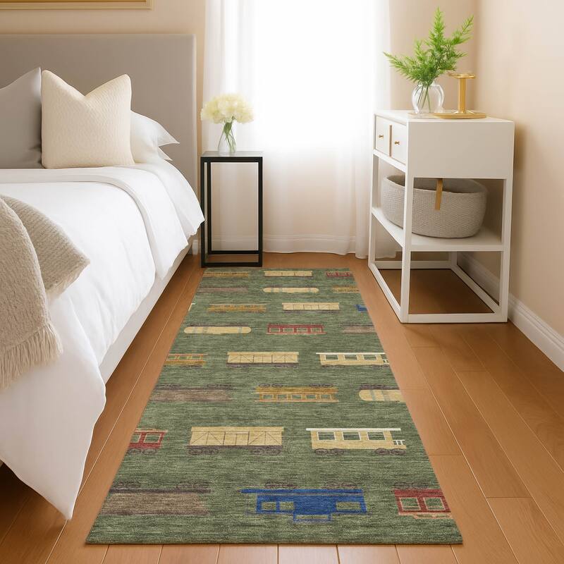 Machine Washable Indoor/ Outdoor Modern Train Chantille Rug