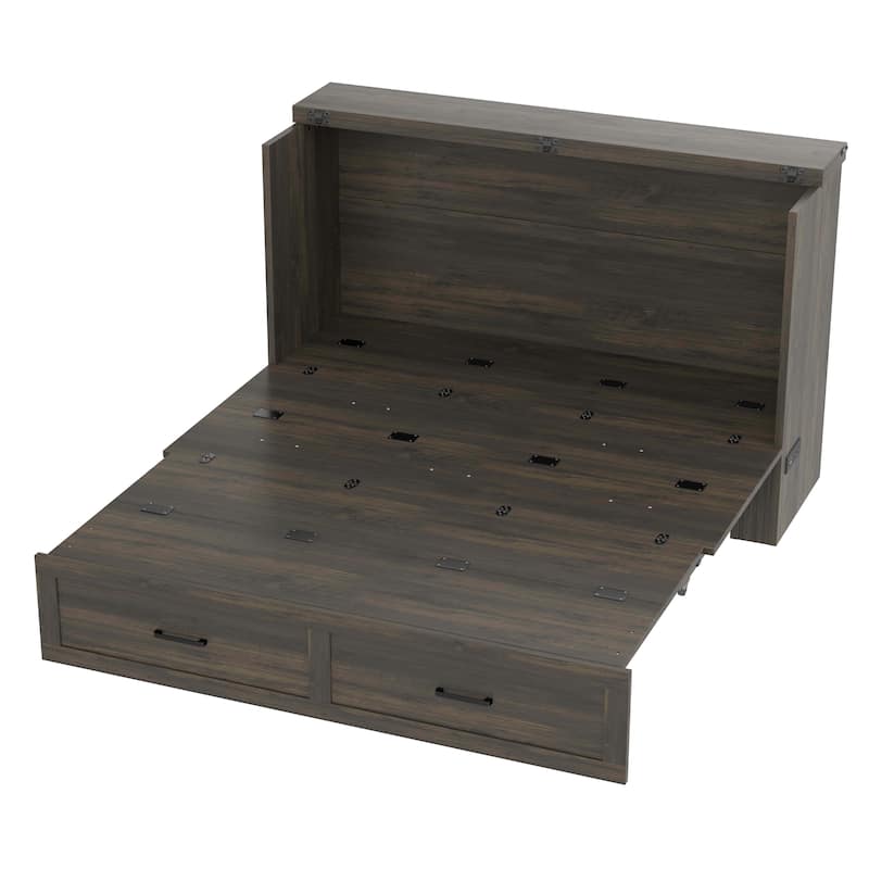 Queen Size Murphy Bed with Charging Station & Storage Drawer - Space Saving Wall Cabinet Bed