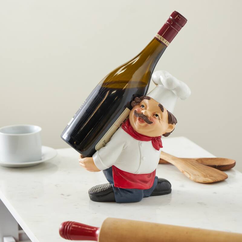 Polystone Chef Kitchen Decorative Figurine Single Bottle Wine Holder with Red Accents - White - Roche River Decor