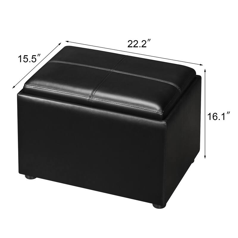 Adeco Faux Leather Rectangle Storage Ottoman with Reversible Tray