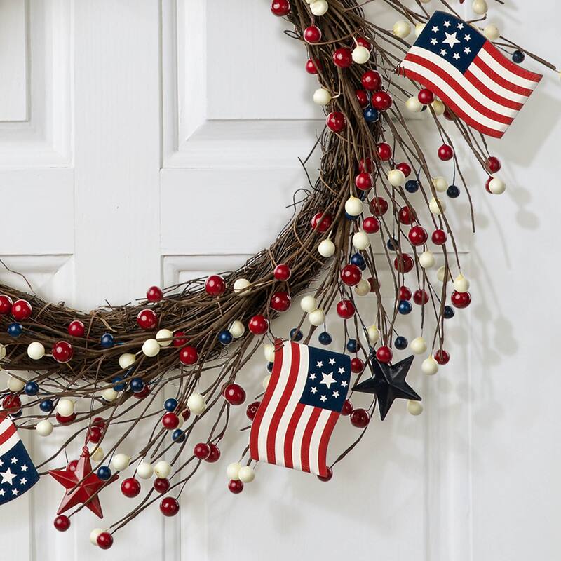 Glitzhome 22"D Artificial Patriotic Americana Flag and Berry Wreath