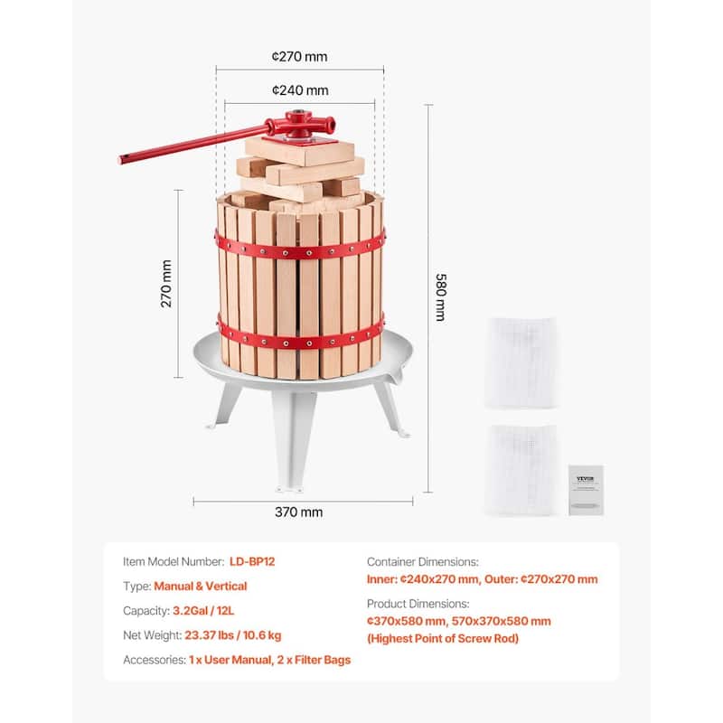 Natural Beech Wood Manual Fruit Wine Press for Fresh Juice Olive Oil and Cheese Extraction