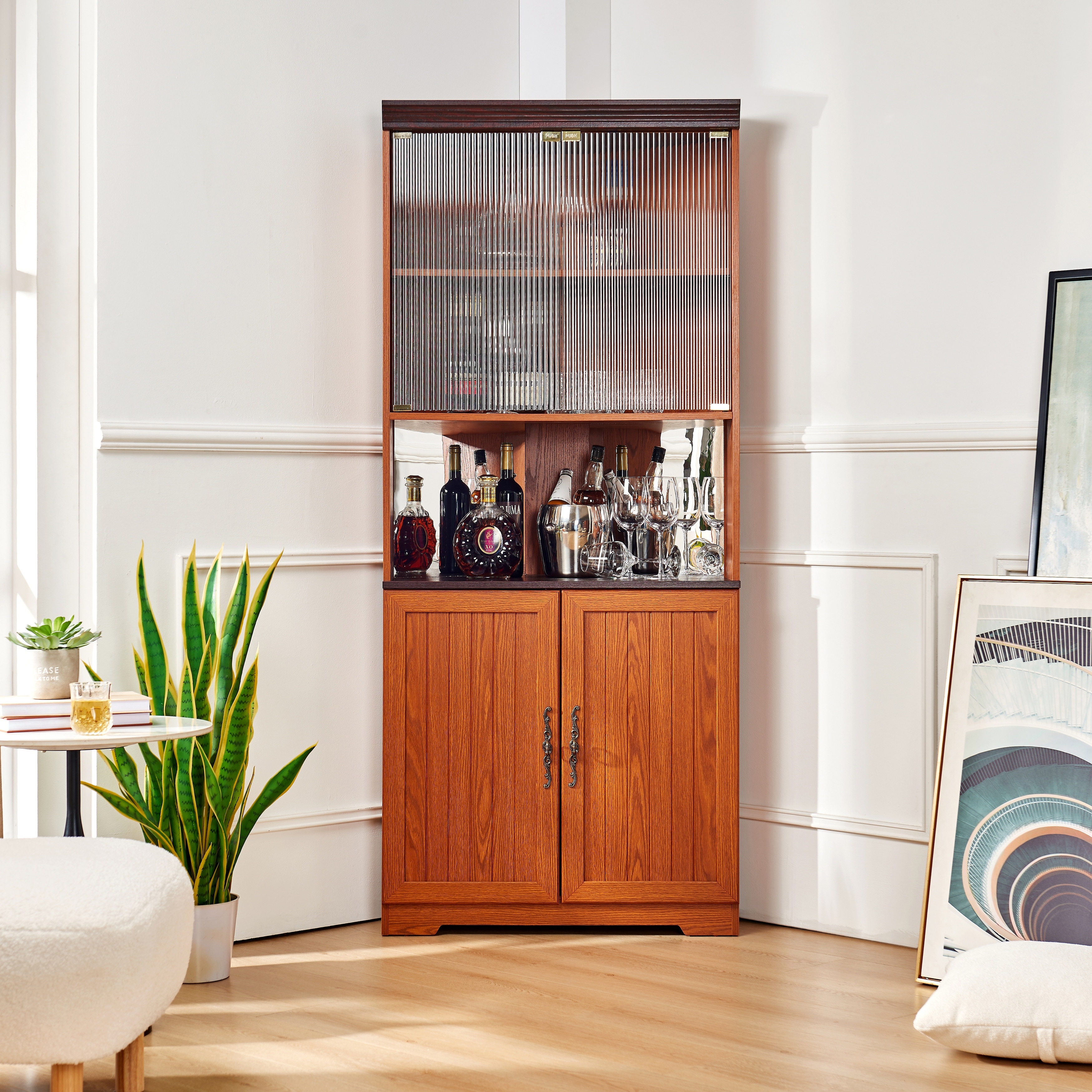 Modern MDF Corner Storage Cabinet with Tempered Glass Doors and Adjustable Shelves by GDFStudio