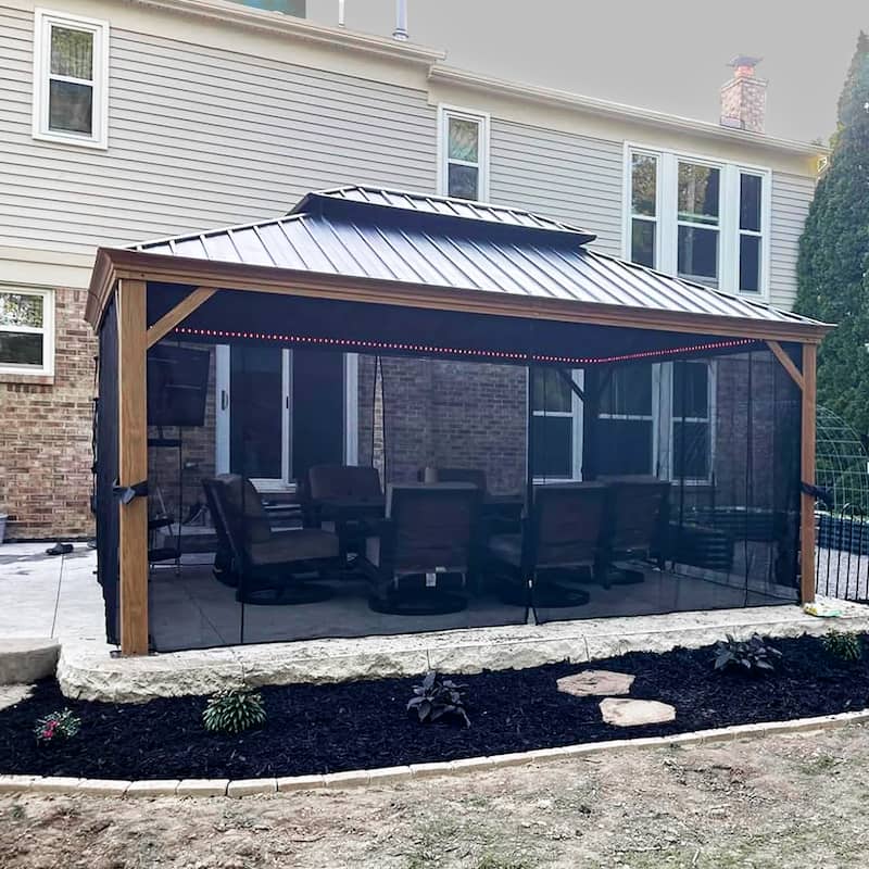 PURPLE LEAF Hardtop Gazebo Galvanized Steel Roof Gazebo Pergola w Wooden Coated Alumninum Frame and Mosquito Net