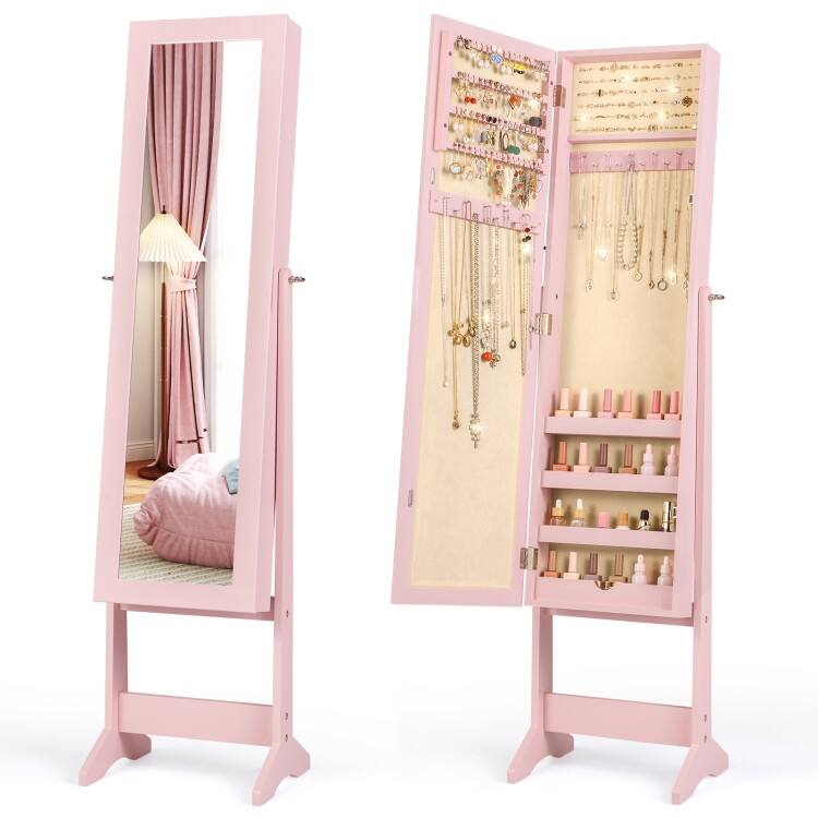 Mirrored Standing Jewelry Cabinet Storage Box - 13" x 14.5" x 56" (L x W x H) - Pink