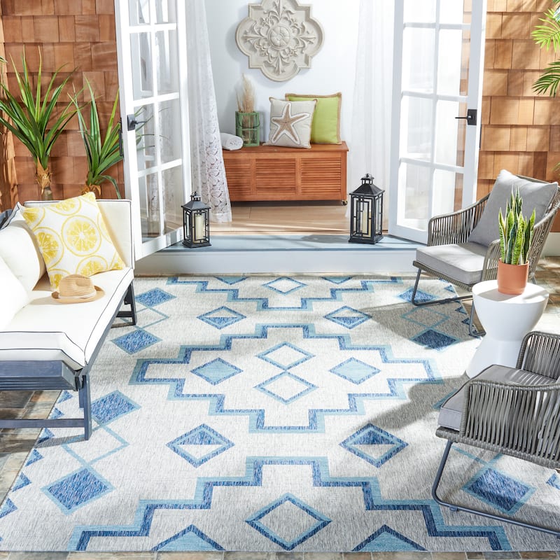 SAFAVIEH Courtyard Cemre Indoor/ Outdoor Waterproof Patio Backyard Rug - 9' x 12' - Grey/Aqua