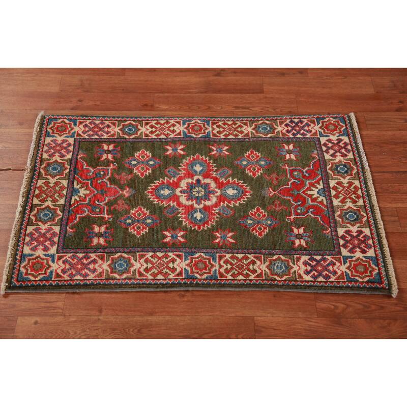 Geometric Green Kazak Oriental Foyer Rug Handmade Wool Carpet - 2'0"x 3'0"