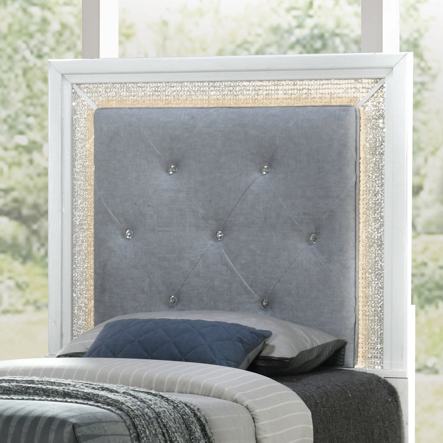 Reflections Pearl White Rhinestone Upholstered Panel Headboard with Lights King Queen Full Twin