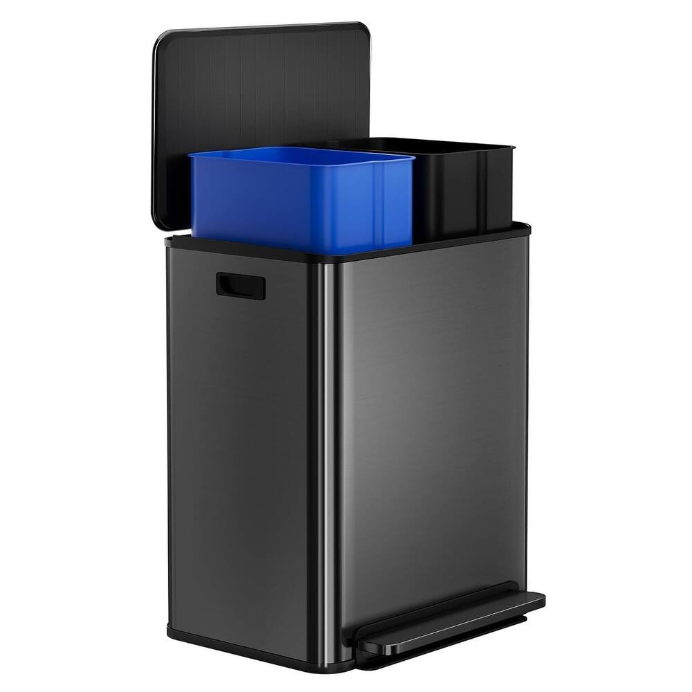 Dual Compartment Trash Can, 2 x 8 Gallon Stainless Steel Recycling Bin, Kitchen Office Waste Bins - Black