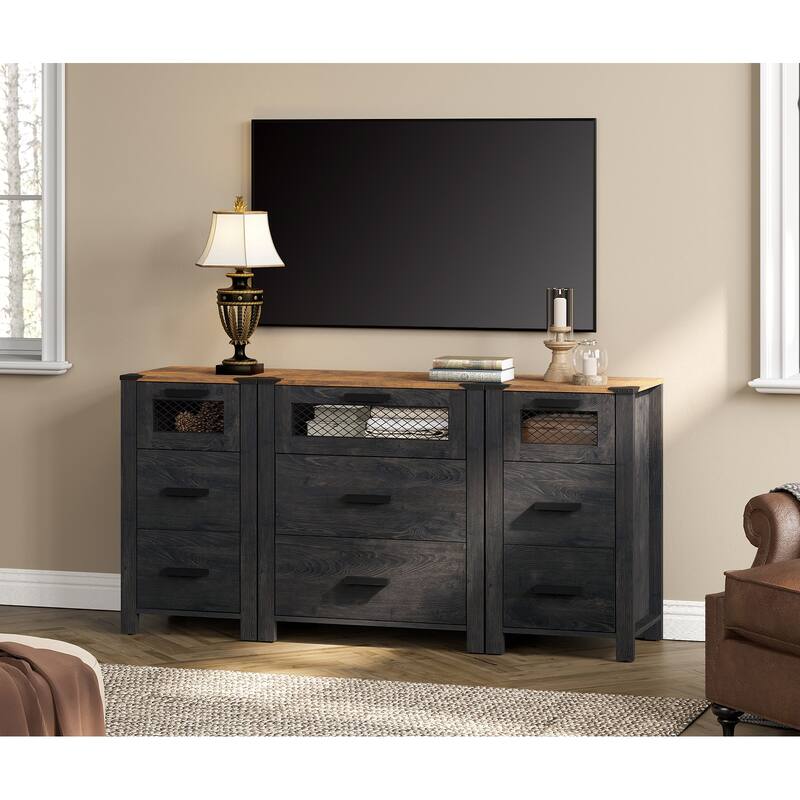 WAMPAT TV Stand with 9 Drawers, Dresser Cabinet with Storage Organizer Units ,Chest Tower with Mesh Door - 1 Pack