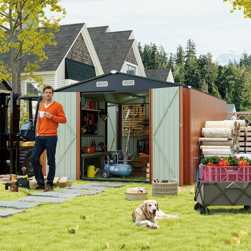 Outdoor Storage Shed 9×11 FT with 3 Lockable Doors,Utility Tool Shed Metal Storage Garden Sheds 4 Vents,Metal Sheds