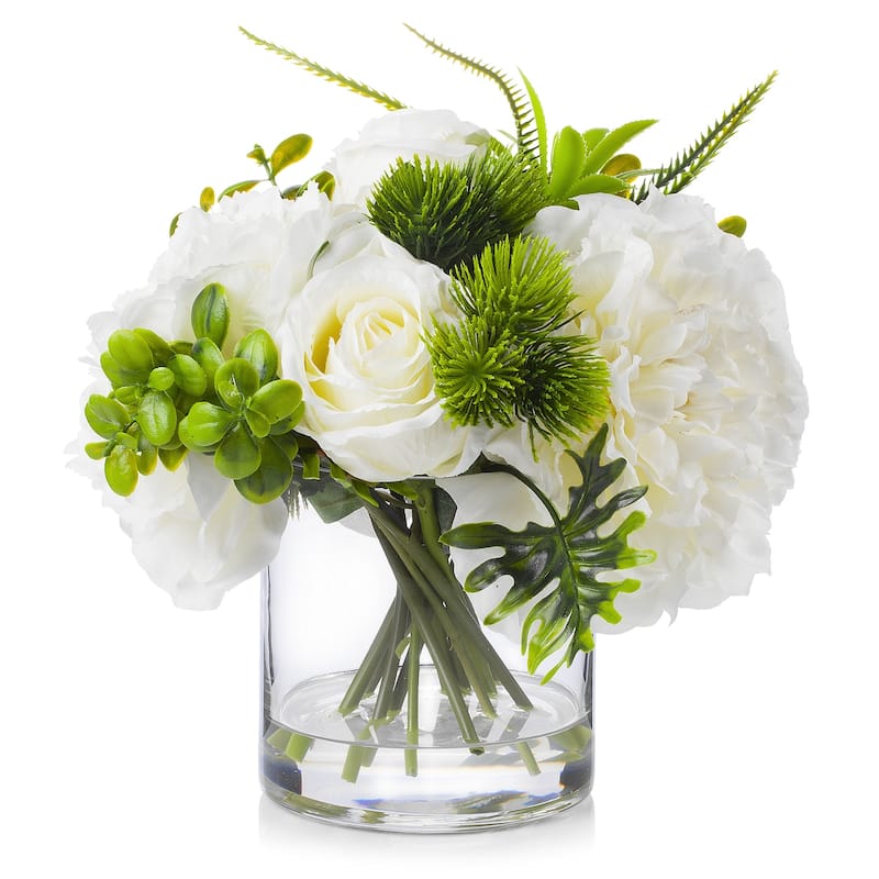 Enova Home Artificial Silk Peony and Roses Fake Flowers Arrangement in Clear Glass Vase for Home Office Wedding Decoration
