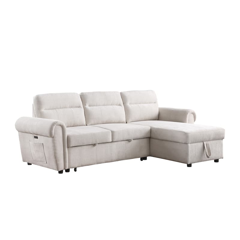 97"W Beige Chenille Reversible Sofa Chaise w/ USB & Storage
