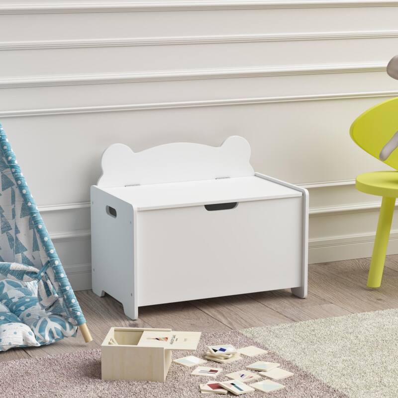 Kids Toy Box, Children Wooden Organizer Storage Chest with Safety Hinged Lid for Ages 2+ (White) - White