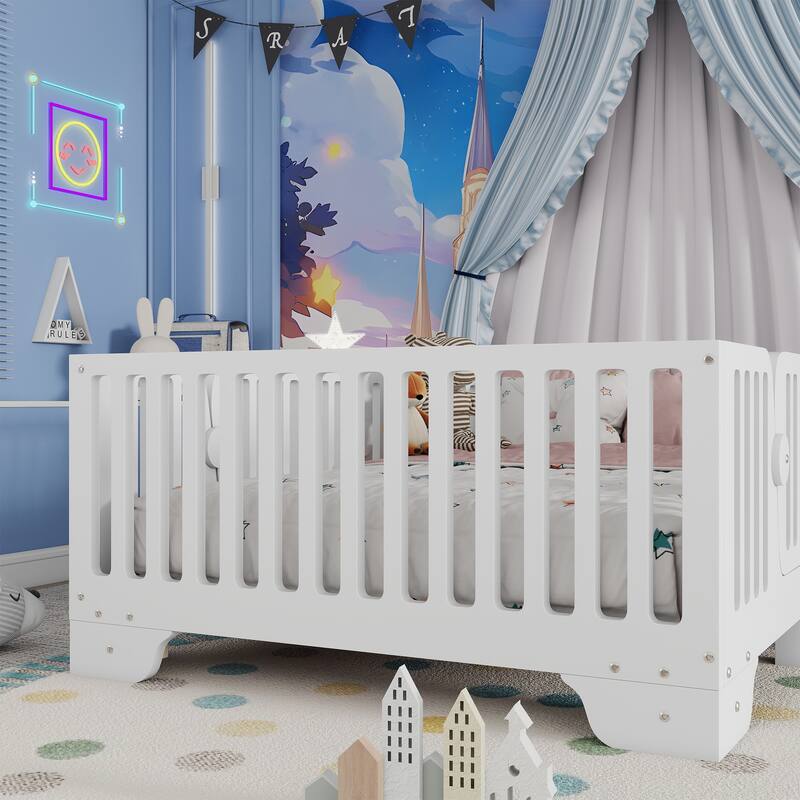 Montessori Floor Bed with Detachable Door, No Box Spring Needed, Kids Platform Bed with Slats and Fence