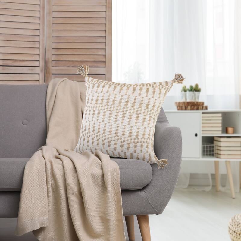 20" Ivory and Tan Geometric Tassel Square Throw Pillow