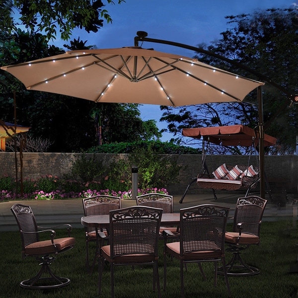 10' Solar/LED Cantilever Umbrella, Cross Base - Tan