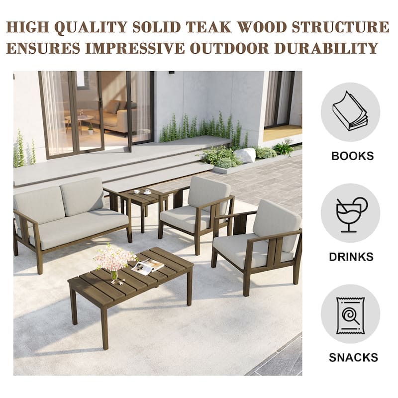 5-Piece Patio Furniture Solid Teak Outdoor Conversation Set