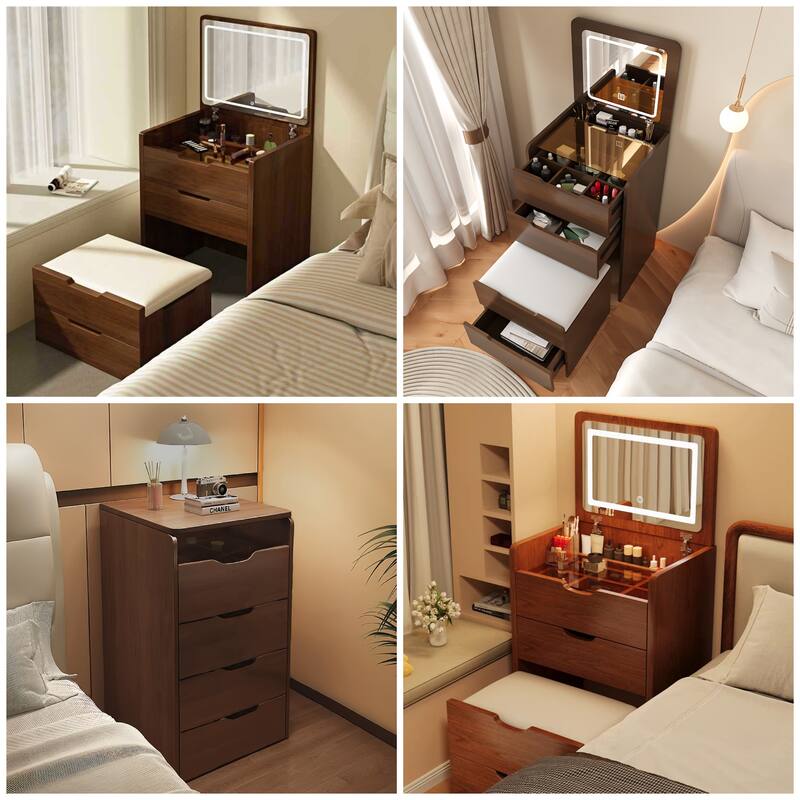 Flip-Top Vanity Table with Lighted Mirror, Makeup Desk, Included Stool