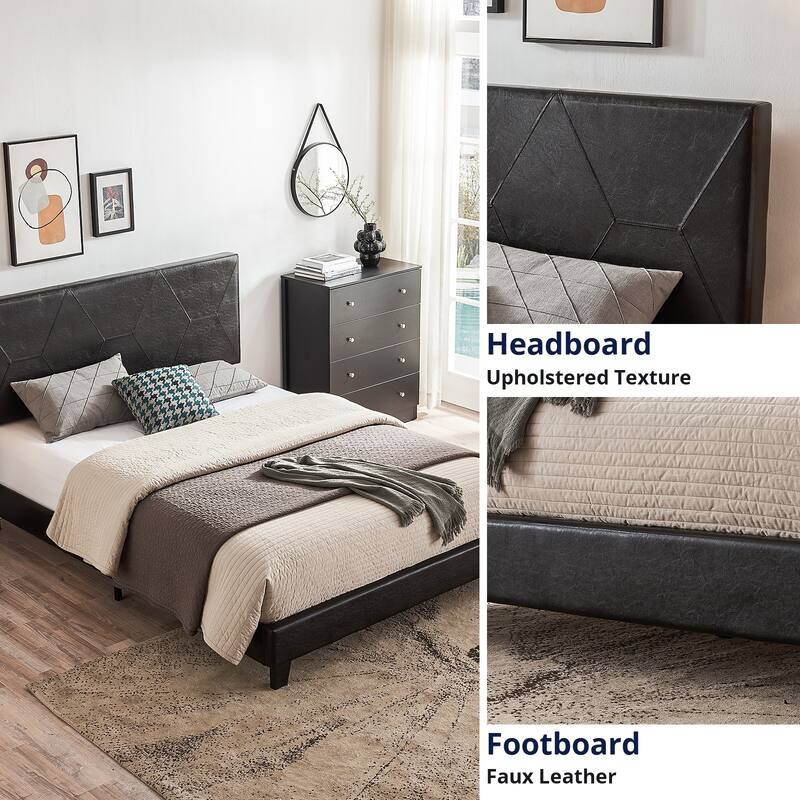 Upholstered Platform Bed Frame ,Wood Slat Support, Easy Assembly, PU - Black Pu