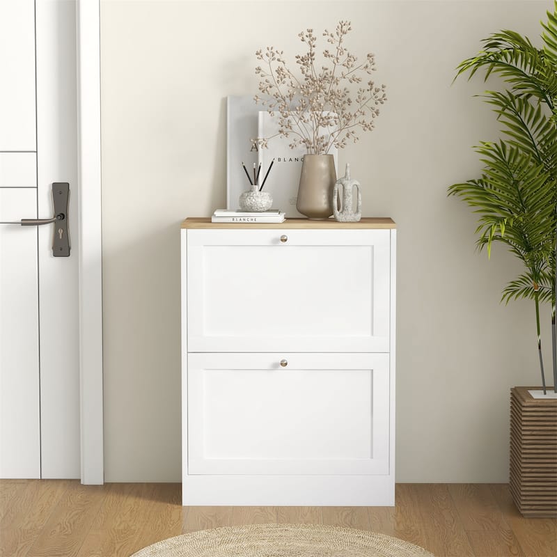 Hidden Shoe Storage Cabinet with 2 Flip Drawers and Adjustable Shelves
