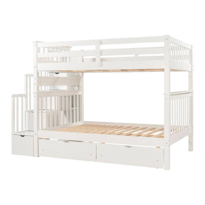 Heavy Duty Wood Bunk Bed Full Over Full Superior Quality Bunk Bed 2 Drawers and Storage Stairs and Side Shelves - Grey