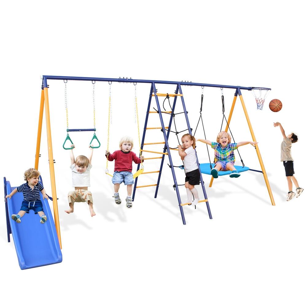 Roomfitters 7-in-1 Metal Swing Set, 500 lbs Capacity, Slide, 2 Swings, Climbing Net, Gym Ring & Basket, Multicolor