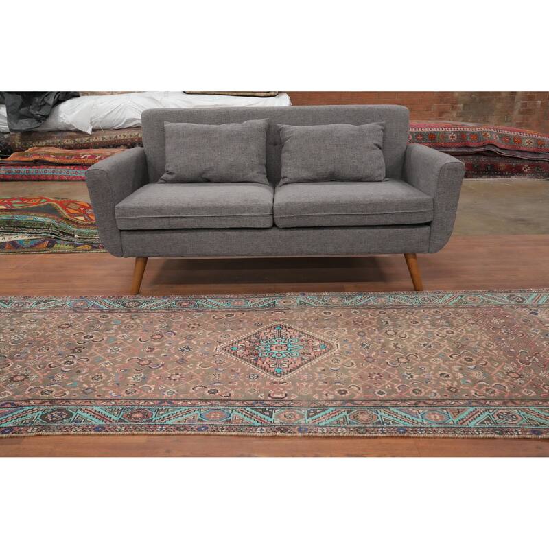 Hand Knotted Oriental 100% Wool Carpet Traditional Geometric Greys & Charcoal Hamedan Runner Rug - 10' 1'' X 3' 5''
