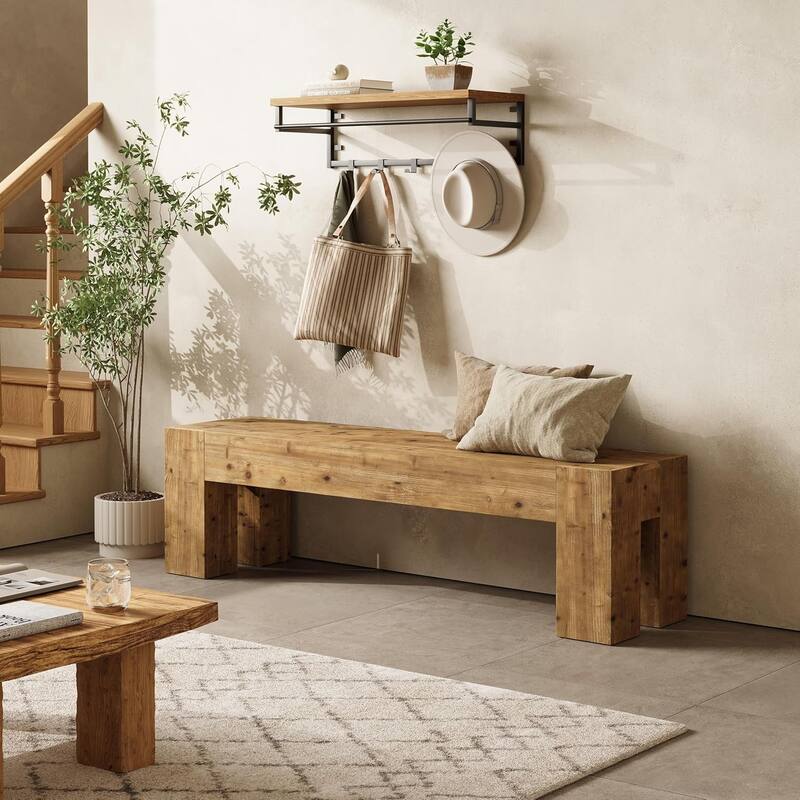 Solid Wood Bench, 47" Rustic Extra Long Heavy Duty Entryway Bench