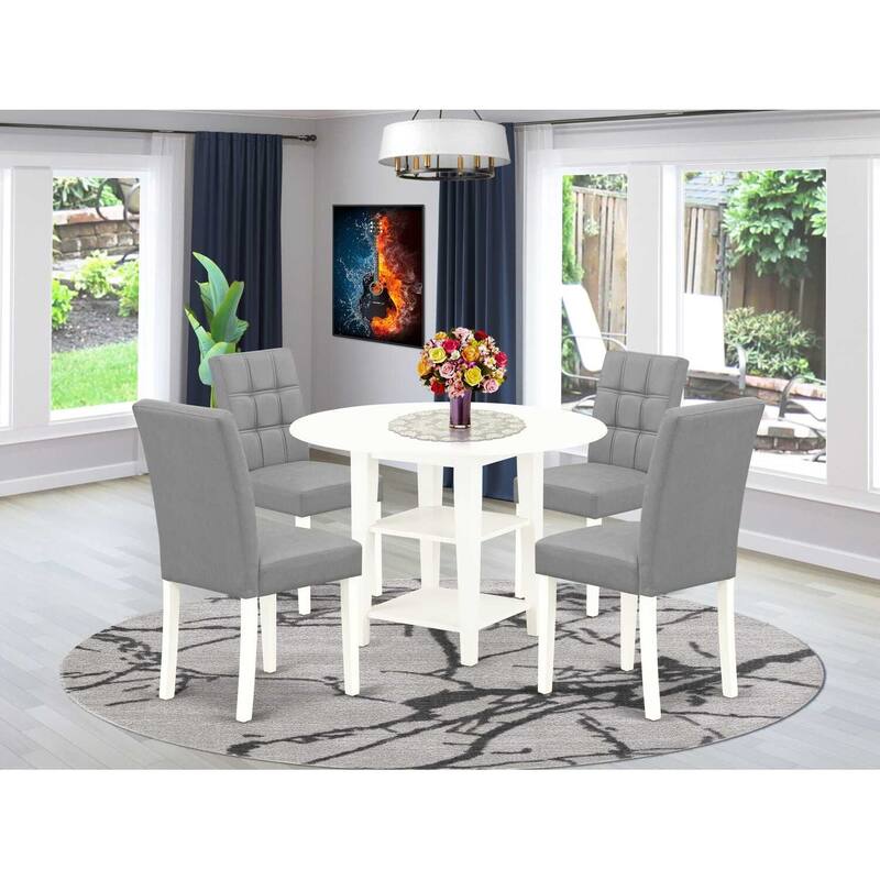 5-Piece Linen White Finish Solid Wood Top - Round Dining Room Set - Seats 4