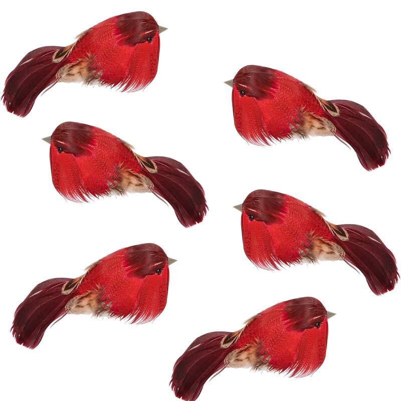 4.5" Feathered Bird with Metal Clip, Red, Set of 6 - 4.5