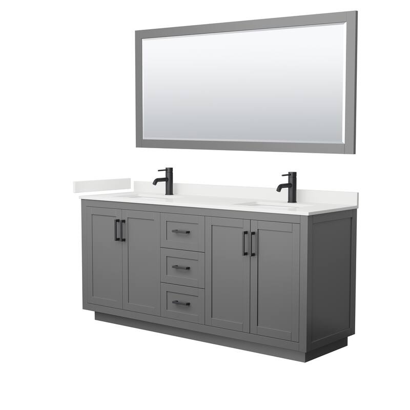 Miranda 72-inch Double Vanity, Quartz Top, 70-inch Mirror - Dark Gray, Black Trim, White Quartz Top