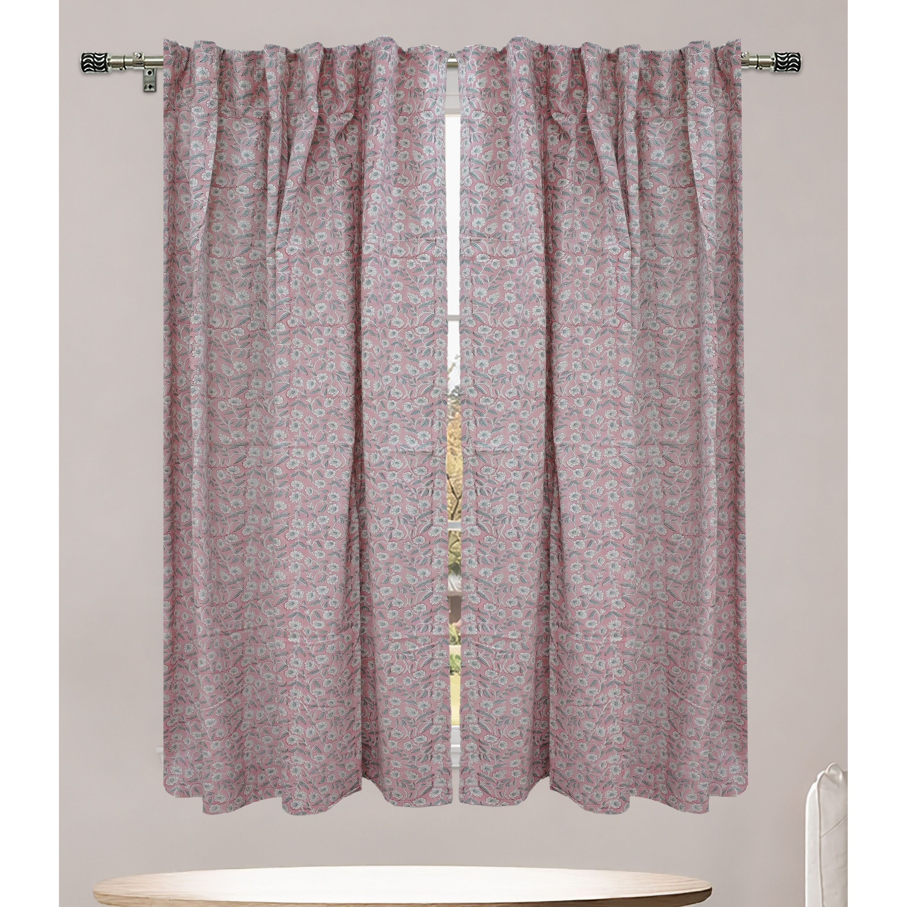 Fabdivine Handmade Block Print Linen Curtain for Window and Door Floral Boho Home Accent, Haridwar