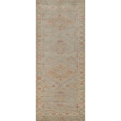 Beige Oushak Turkish Runner Rug Hand-Knotted Wool Carpet - 3'5" x 10'2"