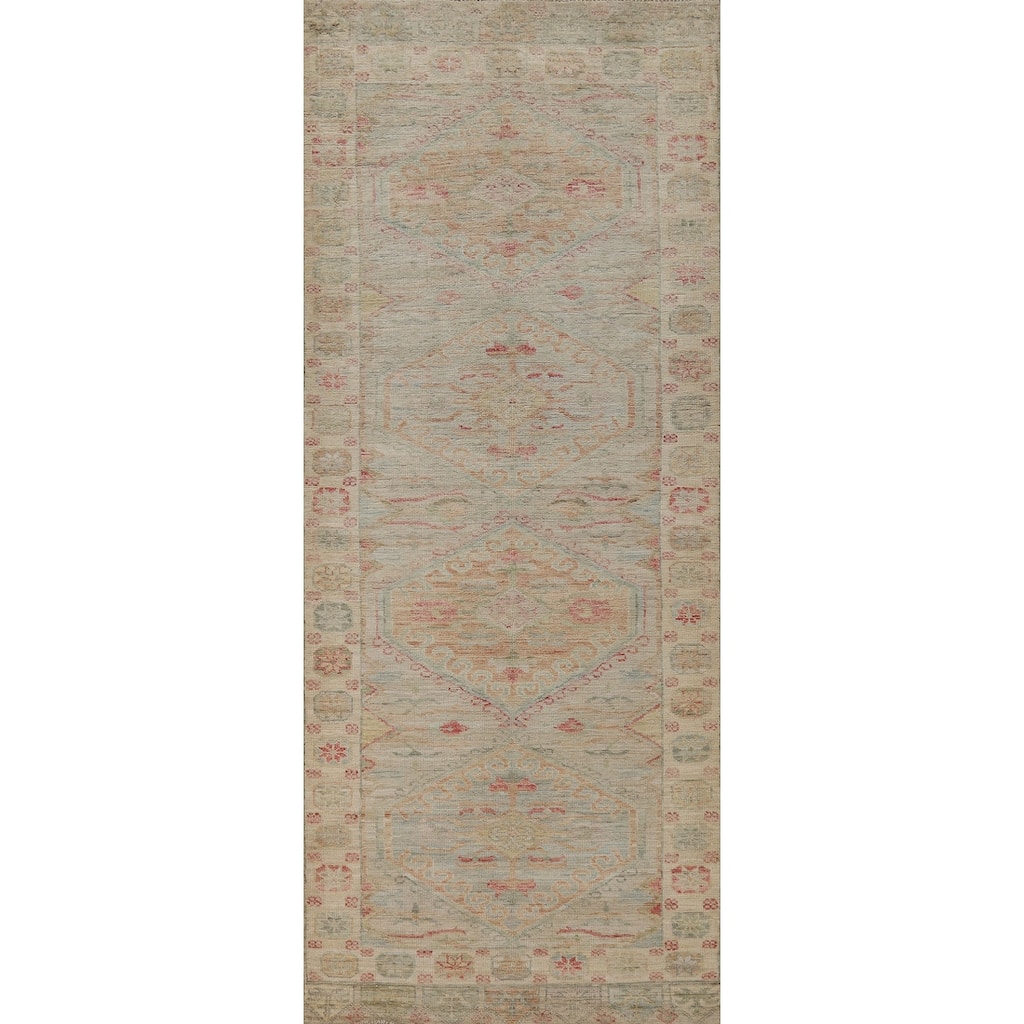 Hand Knotted Oriental 100% Wool Carpet Transitional Geometric Beige & Ivories Oushak Runner Rug - 10' 2'' X 3' 5''