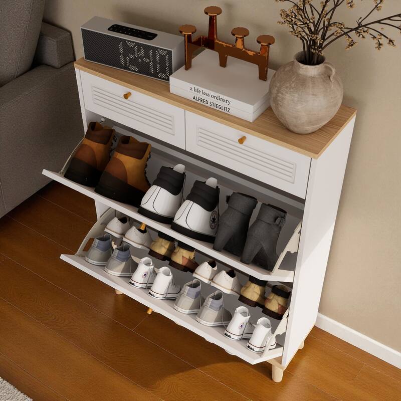 31.5" Narrow Shoe Cabinet with 2 Flip Doors and 2 Drawers, Modern Freestanding Shoe Storage Organizer with Wood Legs